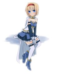 Rule 34 | 1girl, alice margatroid, blonde hair, blue eyes, cape, cosplay, female focus, gloves, hairband, mahou shoujo madoka magica, mahou shoujo madoka magica (anime), miki sayaka, miki sayaka (cosplay), short hair, solo, thighhighs, touhou, tsuno no hito