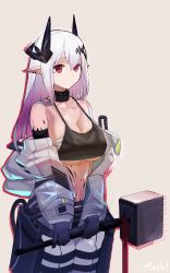 Rule 34 | 1girl, arknights, bare shoulders, black choker, black gloves, breasts, camisole, choker, cleavage, collarbone, commentary request, cowboy shot, crop top, firstw1, gloves, grey background, hair between eyes, hammer, highres, holding, holding hammer, holding weapon, horns, infection monitor (arknights), korean commentary, large breasts, long hair, long sleeves, material growth, midriff, mudrock (arknights), mudrock (elite ii) (arknights), navel, off shoulder, oripathy lesion (arknights), pointy ears, red eyes, sarashi, silver hair, simple background, solo, spaghetti strap, standing, stomach, underboob, weapon