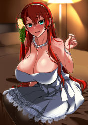 Rule 34 | 1girl, bare shoulders, bed, blue eyes, boudica (fate), boudica (formal dress) (fate), breasts, cleavage, dress, earrings, fate/grand order, fate (series), flower, hair flower, hair ornament, highres, huge breasts, jewelry, komusou (jinrikisha), lace, long hair, necklace, pantyhose, red hair, sitting, smile, solo, white dress