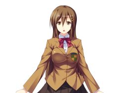 Rule 34 | 1girl, black skirt, bow, bowtie, breasts, brown eyes, brown hair, brown jacket, collared shirt, emblem, game cg, hair between eyes, hair ornament, hairclip, jacket, long hair, looking at viewer, open mouth, pleated skirt, red bow, red bowtie, ribbon, school uniform, seishin seiai paraphilia, sena izumi, shirt, simple background, skirt, softhouse-seal, solo, uniform, upper body, white background, white shirt