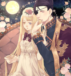 Rule 34 | 1boy, 1girl, age difference, arikawa anri, black hair, blonde hair, bow, brown eyes, couch, dress, eyepatch, flower, full moon, gold trim, hair flower, hair ornament, hand in another&#039;s hair, hand up, hetero, heterochromia, highres, jewelry, lace, long hair, long sleeves, looking at viewer, moon, necklace, night, night sky, original, princess, grey eyes, sky, very long hair, white dress, white neckwear