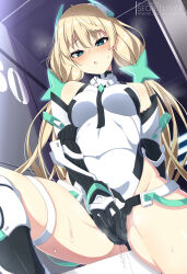 1girl angela_balzac bare_shoulders black_gloves blonde_hair blush breasts clothed_masturbation covered_navel deva_battle_suit elbow_gloves gloves green_eyes headgear highleg highleg_leotard highres leotard long_hair low_twintails masturbation medium_breasts pussy_juice rakuen_tsuihou sebunsu solo sweat thigh_strap twintails white_leotard