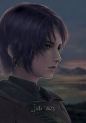 Rule 34 | 1girl, artist name, black hair, black jacket, black shirt, character name, closed mouth, facing to the side, final fantasy, final fantasy xvi, grey eyes, highres, jacket, jote (ff16), jote art, looking to the side, outdoors, parted bangs, portrait, realistic, shirt, short hair, solo, wavy hair