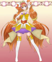 Rule 34 | 1girl, amanogawa kirara, arm behind head, armpits, bare shoulders, boots, brown hair, choker, cure twinkle, go! princess precure, hand on own hip, highres, kodarei, long hair, looking at viewer, magical girl, multicolored hair, precure, purple eyes, purple hair, smile, solo, standing, thigh boots, thighhighs, twintails, two-tone hair, very long hair, white thighhighs