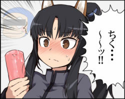 Rule 34 | 1girl, @ @, artificial vagina, blush, brown eyes, hattori shizuka, lowres, null (nyanpyoun), ponytail, sex toy, solo focus, strike witches, translation request, world witches series