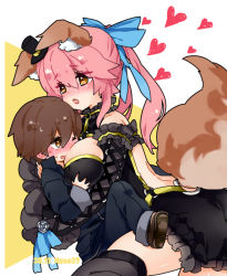 Rule 34 | 1boy, 1girl, aged down, animal ear fluff, animal ears, artist name, blue ribbon, blush, breasts, brown eyes, brown hair, commentary request, fate/extra, fate/extra ccc, fate (series), fox ears, fox girl, fox tail, gothic lolita, grabbing, grabbing another&#039;s breast, groping, hair between eyes, hair ribbon, heart, hetero, hug, kishinami hakuno (male), large breasts, lolita fashion, long hair, loose clothes, one eye closed, open mouth, osakana (rrg0123), pink hair, ribbon, sidelocks, split ponytail, tail, tamamo (fate), tamamo no mae (fate/extra), tamamo no mae (sable mage) (fate), teeth, thighhighs, tsukumihara academy uniform (fate/extra ccc), twitter username, yellow eyes
