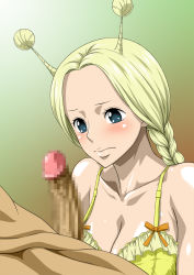 Rule 34 | 1boy, 1girl, antenna hair, blonde hair, blue eyes, blush, bra, braid, breasts, censored, cleavage, clothed female nude male, conis (one piece), erection, hetero, highres, nel-zel formula, nude, one piece, penis, twin braids, underwear, yellow bra