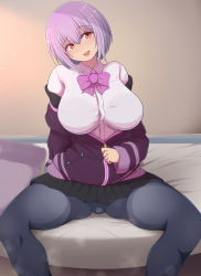 Rule 34 | 10s, 1girl, :d, arm behind back, bed sheet, black pantyhose, black skirt, blush, bow, bowtie, breasts, commentary request, feet out of frame, gridman universe, hair between eyes, head tilt, highres, indoors, jacket, large breasts, long sleeves, looking at viewer, microskirt, off shoulder, on bed, open clothes, open jacket, open mouth, pantyhose, ponponmaru, purple bow, purple bowtie, purple hair, purple jacket, red eyes, shinjou akane, short hair, sitting, skirt, smile, solo, spread legs, ssss.gridman, steaming body, undressing, unzipping
