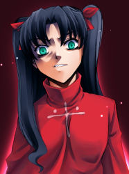 Rule 34 | 00s, 1girl, black hair, crazy eyes, fate/stay night, fate (series), green eyes, solo, tohsaka rin, turtleneck, twintails, two side up, uraomote