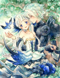 Rule 34 | 1boy, 1girl, armor, bird, blue eyes, breasts, choker, cleavage, collarbone, couple, dress, feathered wings, feathers, gloves, gwendolyn (odin sphere), holding hands, hetero, leaf, long hair, looking at another, nesu (nsm888), odin sphere, open mouth, oswald, pteruges, red eyes, short hair, sitting, sitting on lap, sitting on person, small breasts, smile, tree, white hair, wings