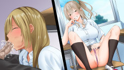 Rule 34 | 2girls, blonde hair, blush, censored, chair, classroom, clenched teeth, closed eyes, closed mouth, clothes lift, cloud, cum, cum in mouth, dark-skinned female, dark skin, day, desk, ejaculation, embarrassed, fellatio, grin, groin, hair between eyes, hair ornament, hair scrunchie, hand on own cheek, hand on own face, highres, indoors, kneehighs, legs, light brown hair, long hair, looking at viewer, mob ppoi shigeo kun ga guuzen saimin no chikara wo te ni irete, mosaic censoring, multiple girls, multiple views, naughty face, oral, orgasm, original, out of frame, panties, pantyshot, partially visible vulva, penis, pulling own clothes, sakura kanawo, school uniform, scrunchie, shoes, side ponytail, sitting, skirt, skirt lift, sky, smile, socks, spread legs, tan, teeth, thighs, under table, underwear, wedgie, window, yellow eyes