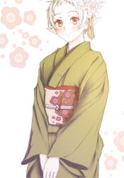 Rule 34 | 1girl, alternate costume, blush, closed mouth, commentary, elf, feet out of frame, floral print, flower, green kimono, hair flower, hair ornament, highres, japanese clothes, kimono, kiyo (a sam ko), long sleeves, looking at viewer, mushoku tensei, obijime, own hands together, pink sash, pointy ears, print sash, red eyes, sash, short hair, smile, solo, sylphiette (mushoku tensei), tassel, tassel hair ornament, white background, white flower, white hair, wide sleeves