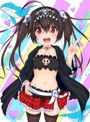 Rule 34 | 1girl, animal, artist request, belt, black bra, black hair, black jacket, black thighhighs, blush, bra, breasts, chunithm, cleavage cutout, clothing cutout, collarbone, hair ornament, hairband, heart, jacket, long hair, long sleeves, looking at viewer, midriff, navel, onimamushi yuria, open mouth, plaid, plaid skirt, rectangle, red eyes, red skirt, saturn (planet), skirt, skull, skull hair ornament, small breasts, smile, standing, teeth, thighhighs, twintails, underwear, v, water, water drop, whale, white background