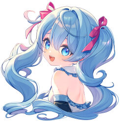 Rule 34 | 1girl, :d, ahoge, black sleeves, blue eyes, blue hair, commentary request, cropped arms, cropped torso, detached sleeves, from side, hair between eyes, hair intakes, hair ribbon, hatsune miku, long hair, looking at viewer, looking back, open mouth, partial commentary, red ribbon, ribbon, rinndouk, shoulder blades, simple background, smile, solo, twintails, very long hair, vocaloid, white background