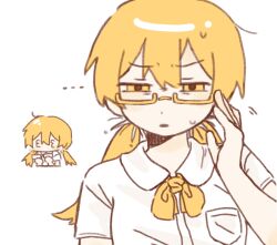 Rule 34 | ..., 1girl, 3 3, adjusting eyewear, bespectacled, blonde hair, breast pocket, cai (cabbage 0j0), chibi, chibi inset, chinese commentary, commentary request, dress shirt, frown, glasses, golden number (vocaloid), hand up, highres, limited palette, long hair, looking at viewer, low twintails, multiple views, neck ribbon, open mouth, pocket, ribbon, semi-rimless eyewear, shirt, short sleeves, simple background, squinting, twintails, upper body, vocaloid, white background, white shirt, yellow-framed eyewear, yellow eyes, yellow ribbon