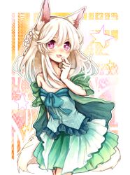 Rule 34 | 1girl, animal ears, bare shoulders, blush, bug, butterfly, dog ears, dog tail, dress, bug, long hair, open mouth, original, purple eyes, silver hair, solo, symbol-shaped pupils, tail, yuya (night lily)