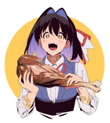 Rule 34 | 1girl, bandaid, bandaid on arm, bandaid on neck, black hair, black vest, brown eyes, character request, copyright request, food, highres, kamo kamen, meat, open mouth, shirt, solo, upper body, vest, white shirt
