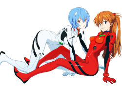 Rule 34 | 2girls, absurdres, all fours, arm support, ayanami rei, blue eyes, blue hair, bodysuit, breasts, brown hair, completely nude, full body, hair between eyes, headgear, highres, interface headset, long hair, looking at viewer, multiple girls, neon genesis evangelion, nude, official style, parted lips, plugsuit, red bodysuit, red eyes, short hair, simple background, sitting, small breasts, souryuu asuka langley, tuchinokoeffect, twintails, white background, wide hips