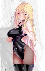 Rule 34 | 1girl, bare shoulders, black one-piece swimsuit, black thighhighs, blonde hair, blush, breasts, collarbone, commentary, covered navel, female focus, highleg, highleg swimsuit, hong (white spider), kitagawa marin, large breasts, long hair, looking at viewer, one-piece swimsuit, red eyes, smile, solo, sono bisque doll wa koi wo suru, swimsuit, thighhighs, thighs