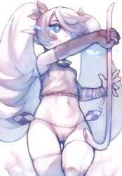 Rule 34 | 1girl, bachera, bandaged arm, bandages, bare shoulders, blue pupils, breasts, cameltoe, cleft of venus, covered erect nipples, covered mouth, crop top, crowbar, elbow gloves, eyebrows hidden by hair, flaming eye, gloves, groin, hair ribbon, highres, holding, holding crowbar, long hair, looking away, navel, original, ribbon, shirt, sleeveless, sleeveless shirt, small breasts, solo, standing, standing on one leg, thighhighs, twintails, very long hair, white background
