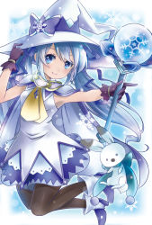 Rule 34 | 1girl, blue eyes, blue hair, rabbit, cape, gloves, hat, hatsune miku, highres, kanna (chaos966), long hair, matching hair/eyes, pantyhose, pointing, skirt, smile, snowflakes, solo, twintails, vocaloid, wand, witch hat, yuki miku, yukine (vocaloid)