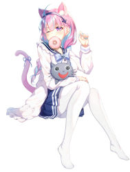 Rule 34 | 1girl, :t, ahoge, anchor hair ornament, animal ear fluff, animal ears, blue hair, blue hairband, blue nails, blue ribbon, blue sailor collar, blue skirt, blush, breasts, cat ears, cat girl, cat tail, closed mouth, doughnut, food, food in mouth, frilled sailor collar, frills, full body, hair between eyes, hair ornament, hairband, hand up, highres, hololive, jacket, knees together feet apart, long sleeves, medium breasts, minato aqua, minato aqua (sailor), mouth hold, multicolored hair, nail polish, neko (minato aqua), no shoes, open clothes, open jacket, pantyhose, pink hair, pleated skirt, purple eyes, ribbon, sailor collar, shirt, simple background, sitting, skirt, sleeves past wrists, tail, tail ornament, tail raised, tail ribbon, takuro (taku3949), two-tone hair, v-shaped eyebrows, virtual youtuber, white background, white jacket, white pantyhose, white shirt