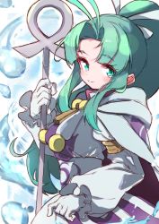 Rule 34 | 1girl, blue eyes, blue hair, cape, closed mouth, gloves, golden sun, green eyes, hair ribbon, long hair, looking at viewer, mia (golden sun), ponytail, ribbon, robe, smile, solo, staff, white gloves, wide ponytail