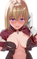 Rule 34 | 1girl, absurdres, blonde hair, blush, breasts, breasts apart, brown dress, caduceus, cape, commentary request, creator (ragnarok online), dress, gloves, hand in own hair, highres, large breasts, living clothes, long hair, looking at viewer, nose blush, open mouth, purple eyes, ragnarok online, red cape, sail (sail-away), simple background, solo, strapless, strapless dress, teeth, upper body, white background, white gloves