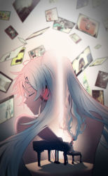 Rule 34 | absurdly long hair, absurdres, aqua hair, bare shoulders, black thighhighs, closed eyes, double exposure, from side, hatsune miku, headphones, highres, instrument, long hair, looking up, piano, q t (pixiv), sitting, thighhighs, twintails, very long hair, vocaloid