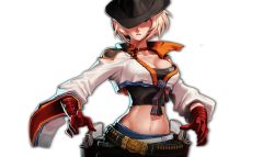 Rule 34 | 00s, 1girl, belt, blonde hair, breasts, bullet, cleavage, cowboy hat, dnf, dungeon and fighter, female gunner (dungeon and fighter), female ranger, gloves, gun, hat, midriff, navel, ranger, revolvers, sash, weapon