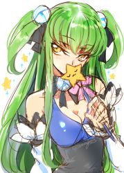 Rule 34 | 1girl, breasts, c.c., cleavage, code geass, creayus, detached sleeves, green hair, long hair, solo, twitter username, two side up, wand, yellow eyes