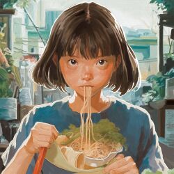 Rule 34 | 1girl, absurdres, adobe fresco (medium), black eyes, black hair, blue shirt, bowl, chopsticks, closed mouth, commentary, eating, english commentary, food, highres, holding, holding chopsticks, looking at viewer, mouth hold, noodles, original, photoshop (medium), plant, potted plant, power lines, realistic, shirt, short hair, short sleeves, solo, tito merello, upper body