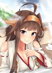 Rule 34 | 10s, 1girl, 28aarts, absurdres, ahoge, bare shoulders, black eyes, blush, breast rest, breasts, brown hair, cleavage, coffee cup, cup, curtains, detached sleeves, disposable cup, double bun, hair bun, hairband, headgear, highres, japanese clothes, kantai collection, kongou (kancolle), large breasts, long hair, nontraditional miko, ribbon-trimmed sleeves, ribbon trim, smile, solo, window