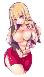 Rule 34 | 10s, 1girl, ayano rena, bikini, bikini top only, blonde hair, blush, bra, breasts, brown eyes, cleavage, covered erect nipples, curvy, female focus, iyayo, large breasts, lips, long hair, looking at viewer, miniskirt, navel, open clothes, osomatsu-san, osomatsu (series), shiny skin, side slit, simple background, skirt, smile, solo, standing, swimsuit, thick lips, thighs, underwear, white background, wide hips
