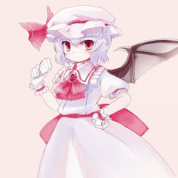 Rule 34 | 1girl, blue hair, blush, female focus, hand on own hip, hat, hip focus, red eyes, remilia scarlet, short hair, simple background, single wing, sketch, slit pupils, soap, solo, touhou, tsubasa (abchipika), wings