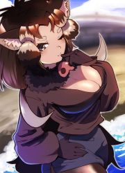 Rule 34 | 1girl, ;), animal ears, beach, blurry, blurry foreground, boar ears, breasts, brown eyes, brown hair, brown pantyhose, cleavage, closed mouth, cowboy shot, day, desert warthog (kemono friends), eyebrows, finger to mouth, fisheye, fur collar, gloves, grey hair, hand on own hip, hand up, highres, kemono friends, large breasts, long hair, long sleeves, looking at viewer, miniskirt, multicolored hair, one eye closed, outdoors, pantyhose, pig ears, puffy long sleeves, puffy sleeves, riri (dgra3272), sand, shirt, skirt, smile, solo, sweater, tan, twintails, two-tone hair, very long hair, water