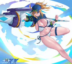 Rule 34 | 1girl, ahoge, artoria pendragon (fate), baseball cap, bikini, blue eyes, blue hat, blue jacket, breasts, cleavage, cropped jacket, fate/grand order, fate (series), hat, highres, jacket, lance, large breasts, long hair, mrnn, mysterious heroine x (fate), mysterious heroine xx (fate), navel, polearm, ponytail, shrug (clothing), smile, solo, swimsuit, thigh strap, thighs, twinmyniad (fate), weapon, white bikini, wristband