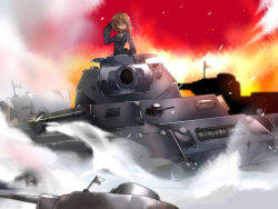 Rule 34 | 10s, 1girl, akatoro (nightlord), arm up, black gloves, blue jacket, brown eyes, brown hair, embers, fire, flag, girls und panzer, gloves, hair over one eye, headphones, highres, jacket, looking at viewer, md5 mismatch, military, military uniform, military vehicle, motor vehicle, nishizumi miho, panzer iv, panzer iv, red sky, short hair, sky, solo, steam, t-34, tank, throat microphone, uniform, vehicle, white flag, wreckage