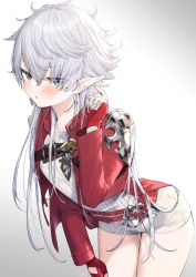 Rule 34 | 1girl, alisaie leveilleur, armor, belt, blue eyes, blush, brown belt, commentary request, cowboy shot, elf, eyelashes, eyes visible through hair, final fantasy, final fantasy xiv, fingerless gloves, gloves, gradient background, hair between eyes, hand up, highres, itohana, jacket, leaning forward, legs together, long hair, long sleeves, looking at viewer, open clothes, open jacket, pointy ears, red belt, red jacket, shirt, short shorts, shorts, shoulder armor, simple background, solo, standing, very long hair, white hair, white shirt, white shorts