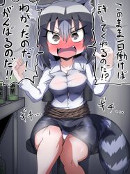 Rule 34 | 1girl, alternate costume, animal ears, bdsm, black eyes, black hair, black skirt, blush, bondage, bottle, bound, breasts, chair, clenched hands, collarbone, common raccoon (kemono friends), constricted pupils, fangs, female focus, formal, grey hair, hands up, have to pee, indoors, japanese text, kemono friends, looking at viewer, medium breasts, miniskirt, moyachii, multicolored hair, nose blush, open mouth, panties, pantyshot, pencil skirt, raccoon ears, raccoon tail, rope, see-through, shiny skin, shirt, short hair, sitting, skirt, skirt suit, smile, solo, speech bubble, suit, table, tail, talking, text focus, translation request, trembling, underwear, upskirt, white panties, white shirt