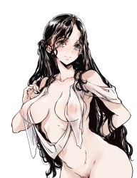 Rule 34 | 1girl, black hair, collarbone, endou okito, female pubic hair, green eyes, highres, leaning forward, long hair, looking to the side, navel, nipples, original, parted lips, pubic hair, see-through, simple background, solo, topless, white background