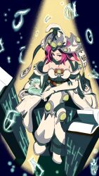 Rule 34 | 1girl, bare shoulders, blue eyes, book, breasts, character name, dress, duel monster, gloves, hat, high priestess of prophecy, highres, large breasts, long hair, looking at viewer, navel, pink hair, sitodooo 7307, sitting, solo, strapless, strapless dress, white dress, white gloves, witch, witch hat, yu-gi-oh!