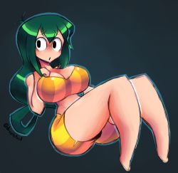 Rule 34 | 1girl, artist name, asui tsuyu, bare shoulders, barefoot, black eyes, blue background, blue outline, blush, boku no hero academia, breasts, cleavage, dropletoid, female focus, full body, green hair, hand on own chest, hand up, large breasts, long hair, looking to the side, nose blush, open mouth, orange shorts, outline, short shorts, shorts, side slit, simple background, sitting, solo, strapless, striped clothes, striped shorts, tube top, twitter username