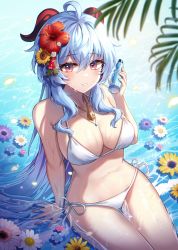 Rule 34 | 1girl, absurdres, alternate costume, arm support, bad id, bad twitter id, bare arms, bare shoulders, bell, bikini, bottle, breasts, cleavage, commentary request, cowboy shot, day, drink, flower, forget-me-not (flower), ganyu (genshin impact), genshin impact, goat horns, gradient eyes, hair flower, hair ornament, halterneck, hand up, hayun, hibiscus, highres, holding, holding bottle, holding drink, horns, jewelry, large breasts, looking at viewer, multicolored eyes, navel, neck bell, necklace, outdoors, parted lips, petals, purple eyes, purple flower, ramune, red flower, side-tie bikini bottom, sitting on water, smile, solo, stomach, string bikini, sunflower, swimsuit, thighs, wet, white bikini, white flower, yellow flower