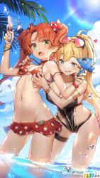 Rule 34 | 2girls, armlet, armpits, bare shoulders, bikini, bikini skirt, black one-piece swimsuit, blonde hair, blue eyes, bow, bracelet, breasts, choker, cleavage, cloud, day, dual wielding, eyewear on head, fang, girl cafe gun, green eyes, groin, hair bow, highres, holding, jewelry, juno emmons, large breasts, long hair, looking at viewer, micro bikini, multiple girls, nail polish, navel, official art, one-piece swimsuit, open mouth, orange hair, outdoors, palm leaf, parted lips, ponytail, red bikini, rococo (girl cafe gun), side ponytail, small breasts, smile, stomach, sun, sunglasses, sunglasses on head, sunlight, swimsuit, thigh strap, untied bikini, very long hair, wading, water, water gun, watermark, wet, whoisshe