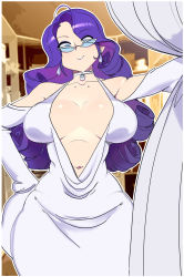 Rule 34 | 1girl, :&gt;, blue eyes, breasts, cartains, cleavage, collaboration, curly hair, dress, glasses, highres, long hair, looking at viewer, maniacpaint, my little pony, my little pony: friendship is magic, navel, oddmachine, personification, purple hair, rarity (my little pony), smile, solo, stomach, white dress