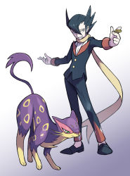 Rule 34 | 1boy, black footwear, black hair, buttons, coin, commentary request, creatures (company), elite four, game freak, gen 5 pokemon, grimsley (pokemon), hair between eyes, holding, holding coin, jacket, liepard, long sleeves, looking to the side, male focus, momoji (lobolobo2010), nintendo, outstretched arms, pants, pokemon, pokemon (creature), pokemon bw, scarf, shirt, shoes, smile, standing, white shirt, yellow scarf