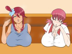 Rule 34 | 2girls, artist request, blue eyes, blush, breast rest, breasts, cleavage, closed eyes, collarbone, creatures (company), game freak, gym leader, hair ornament, hairclip, head rest, hot, large breasts, multiple girls, nintendo, one eye closed, open mouth, pink hair, pokemon, pokemon bw, pokemon hgss, red hair, shirt, sidelocks, sitting, skyla (pokemon), sweat, table, tank top, twintails, whitney (pokemon)