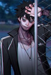 1boy adidas arm_up black_hair black_nails blue_eyes blurry blurry_background boku_no_hero_academia chain-link_fence collarbone collared_jacket colored_skin commentary dabi_(boku_no_hero_academia) ear_piercing earrings english_commentary fence hair_between_eyes jacket jewelry long_sleeves looking_to_the_side male_focus mistermagnolia multiple_earrings nail_polish necklace open_clothes open_jacket outdoors piercing purple_skin ring ring_necklace shirt short_hair sideways_glance smile solo spiked_hair standing stitched_face stitches striped_clothes striped_jacket teeth upper_body vertical-striped_clothes vertical-striped_jacket white_shirt