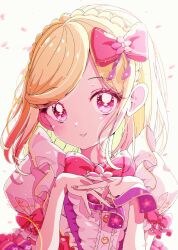 Rule 34 | 1girl, absurdres, backlighting, blonde hair, bow, braid, commentary request, crown braid, flower, hair bow, hands up, highres, idol clothes, ligne claire, looking at viewer, midorikaze fuwari, milon cas, open mouth, own hands together, petals, pink flower, pretty series, pripara, puffy short sleeves, puffy sleeves, red bow, retro artstyle, short sleeves, solo, upper body, white background